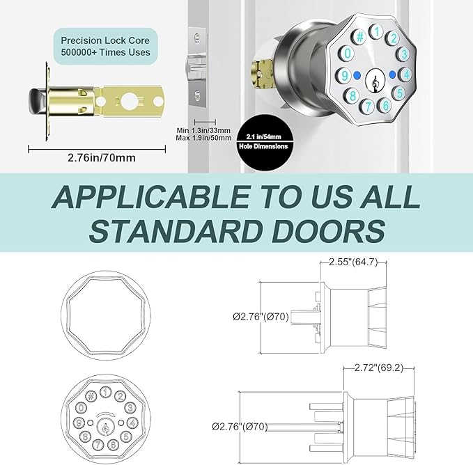Smart Door Knob with Keypad and Key, Digital Door Lock with Keypad,Keyless Entry Door Lock,Electronic Door Lock with Handle for Home Bedroom Apartment Garage Office Security,Silver