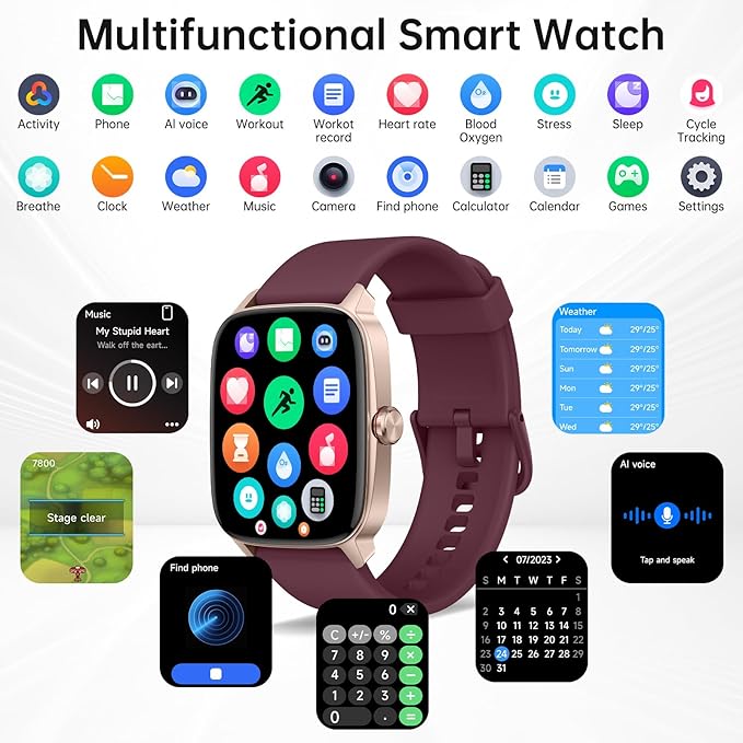 Smart Watches for Women Men with Bluetooth Call & AI Voice, 1.85" HD Fitness Tracker with Heart Rate SpO2 Sleep Monitor, 100+ Sports Modes,Mini Games, IP68 Waterproof Smartwatch for Android iOS Phones