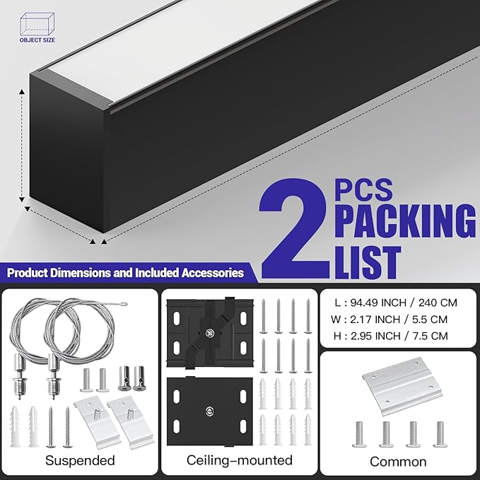 JTT 8FT LED Linear Light, 8Foot LED Shop Lights 60W 3000/4000/5000K CCT Selectable, Commercial 8Feet Strip Lighting Fixture for Office Garage Classroom, NOT Linkable, Flush Mount Suspended ETL