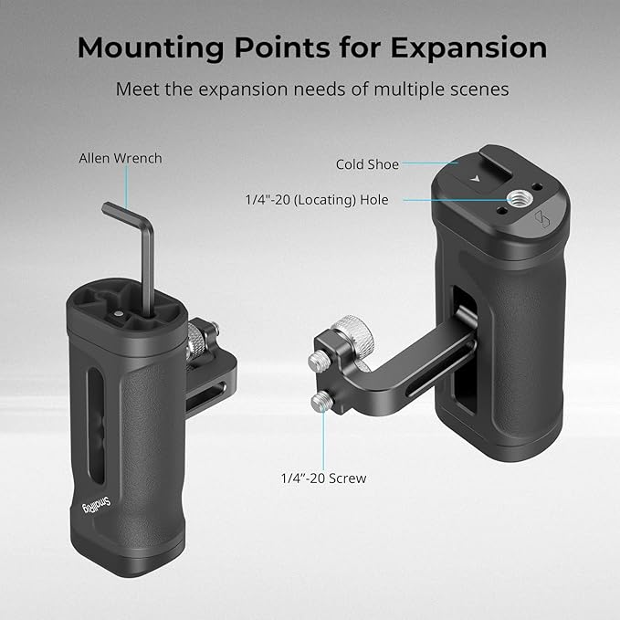 SmallRig Mini Side Handle for 1/4"-20 Threaded Holes, Camera Cage Handle for Left or Right Hand, Up and Down Adjustable, with Built-in Cold Shoe & Threaded Hole - 4755