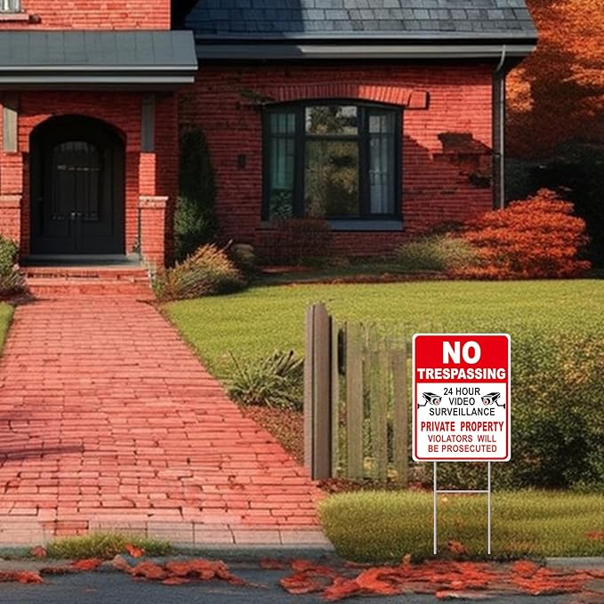 GXGGUS NO Trespassing Signs Private Property Video Surveillance Sign, Large 2-Pack 13"x10" Double-Sided Signs, H-Stake Metal Stakes, Outdoor Yard Sign for Home and Front Door Land, and Garden, Lawn