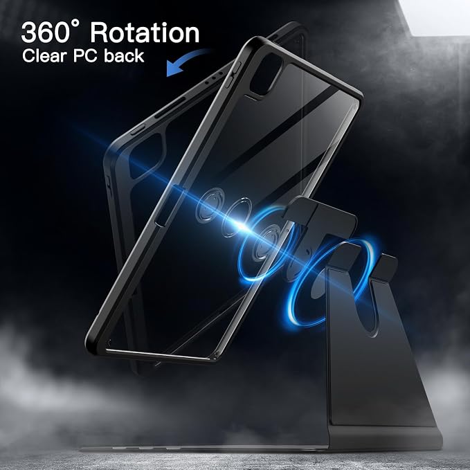 JETech Rotating Case Cover for iPad Pro 11 4/3 Black | For 2022/2021 Model 360° Rotation Stand Clear Back Design Auto Wake/Sleep Pencil Holder Full Protection