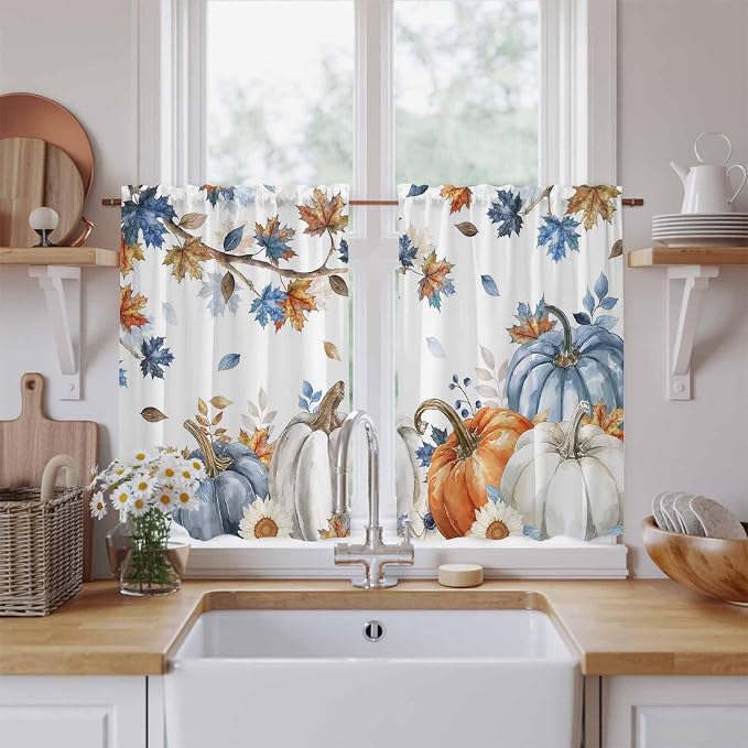 Navy Blue Pumpkin Fall Kitchen Curtains 54 Inch Long 2 Panel Set, Rod Pocket