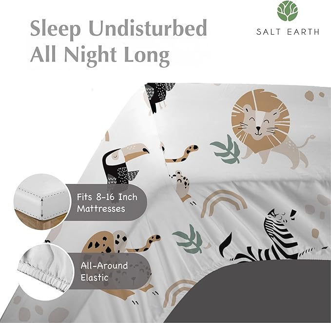 100% Cotton 210TC Salt Earth Kids Bedsheet,Twin Sheets Set for Toddler bed, 3 Piece Bedding Set Including Flat Sheet, Fitted Sheet, and Pillowcase, Themed Sheets for a Playful Kids Bed (Jungle Safari)