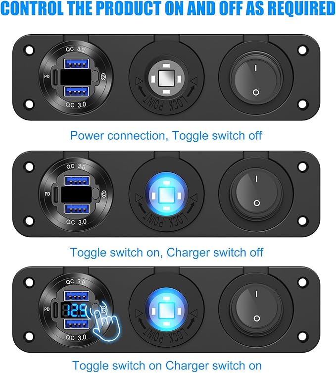 12V USB Outlet Boat Accessories Marine Switch Panel Plug, PD3.0 and Dual QC3.0 USB Ports Aluminum Car Charger with Voltmeter, Lighted 150W Cigarette Lighter Socket and Toggle Switch 3 in 1 DIY Kit