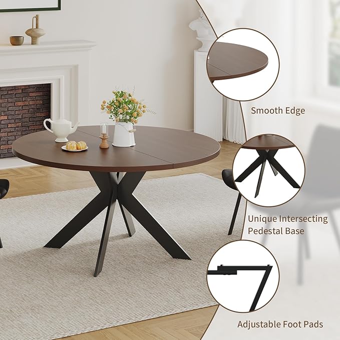45.3" Walnut Round Dining Table Set with 4 Chairs – Mid-Century Modern Small-Space Kitchen & Dining Room Furniture for Apartment or Breakfast Nook (Walnut – Table + 4 Brown Chairs)