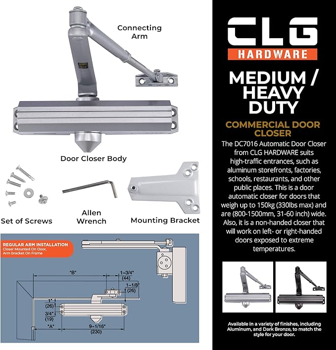 CLG HARDWARE Medium/Heavy Duty Commercial Door Closer DC7016 - Surface Mounted, Grade 1- ADA & UL 3 Hour Fire Rated, Adjustable Size 1-6 for Entrances & Aluminum Storefronts - US26D Aluminum