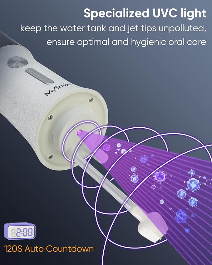 MySmile LP221 Cordless Water Flossers for Teeth with UVC Light Sanitizer and OLED Display, 335ML 4 Modes Water Teeth Cleaner Picks for Teeth Cleaning and Water Flossing (Pearl White)