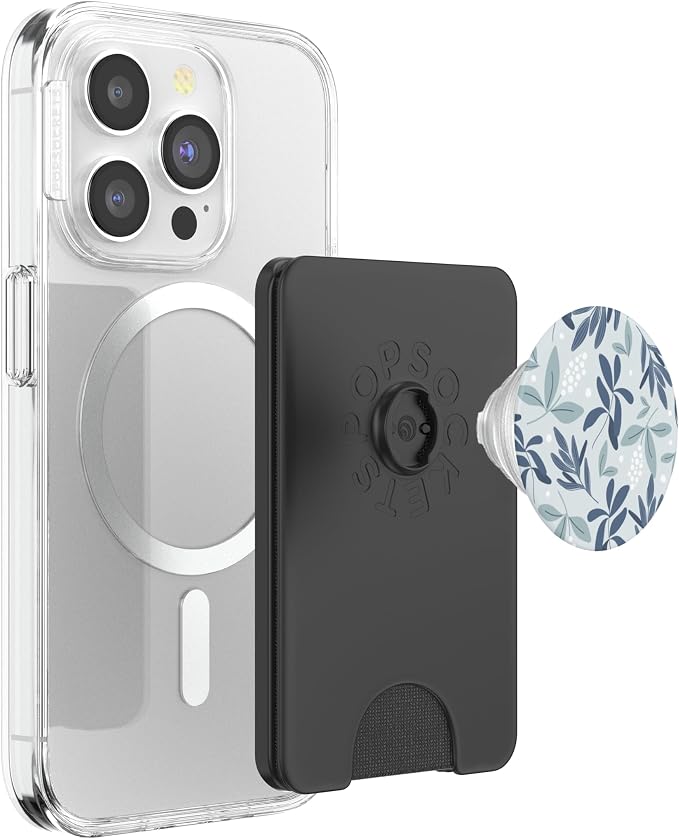 Blue Botanical Foliage &amp White Berry Floral Bud Pattern PopSockets Adhesive PopGrip