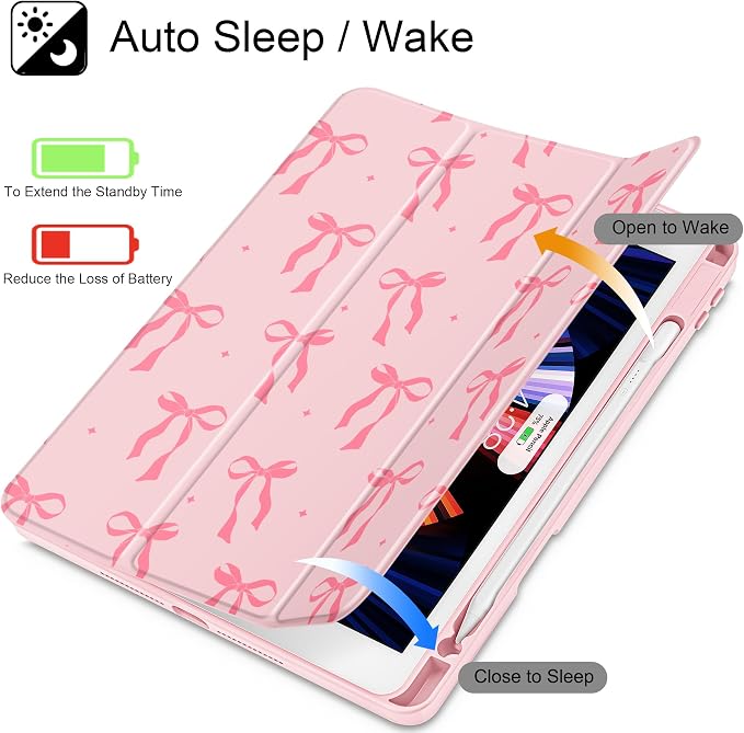 Case for iPad 9th/8th/7th Generation 10.2-Inch (2021/2020/2019 Release) with [Built-in Pencil Holder] Shockproof Cover with Clear Transparent Back Shell &amp Auto Wake/Sleep - Blue Bows