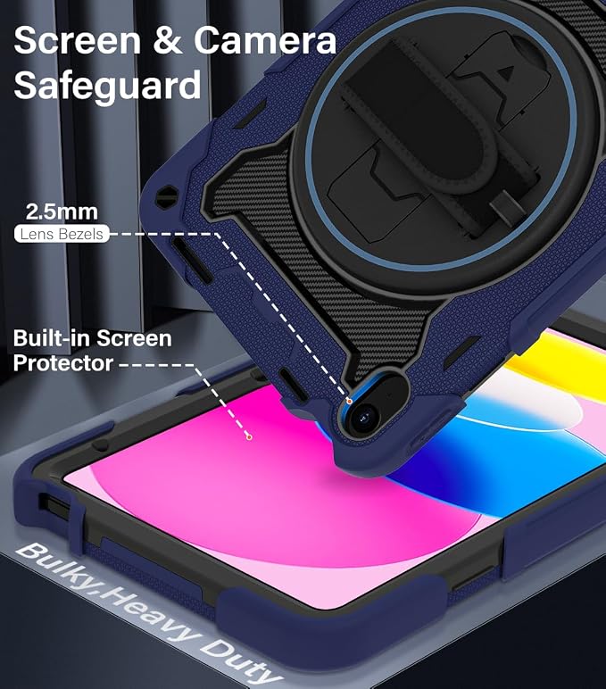 for iPad 9th 8th 7th Gen Case 10.2 inch with Screen Protector | 360° Rotating Kickstand Hand Strap Shoulder Strap Heavy Duty Military Grade - Kids Friendly