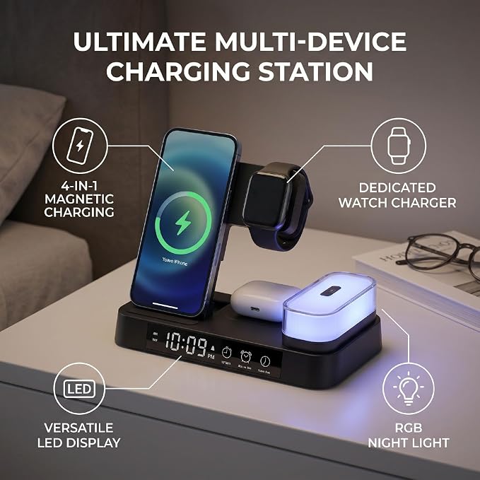 EBTOOLS 4 in 1 Magnetic Charging Station Wireless Charger Stand with LED Display Digital Clock Alarm RGB Night Light for Smartphones Watch Earbuds (Black)