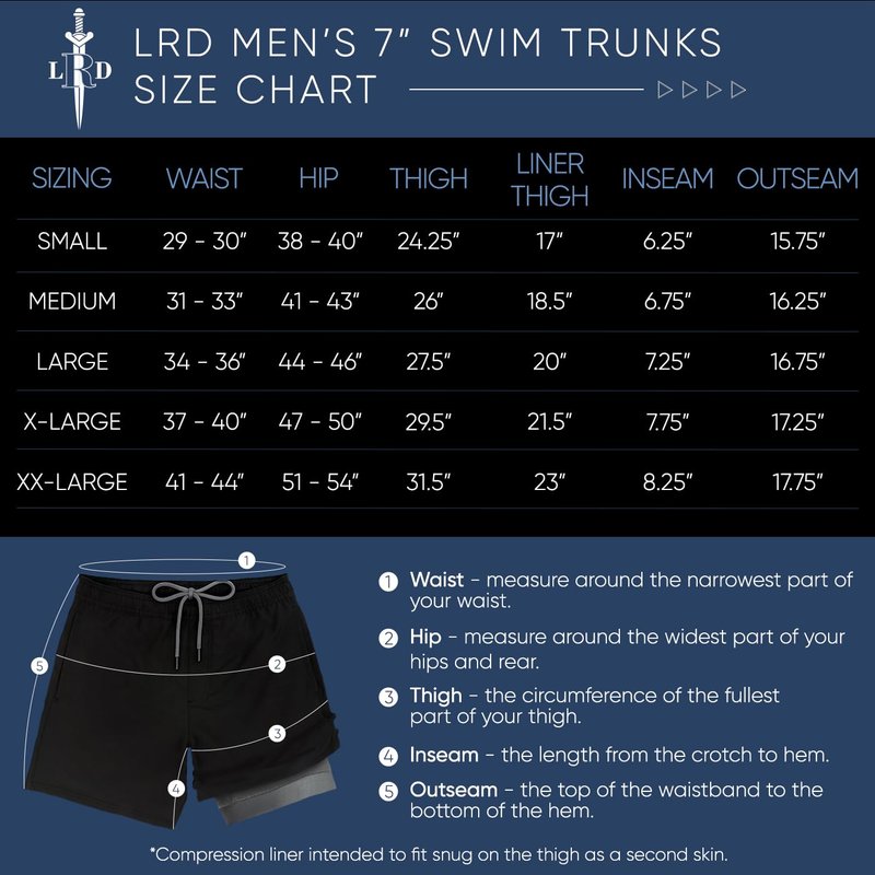 LRD Mens Swim Trunks with Compression Liner 7 inch Inseam Quick Dry Swim Shorts Black/Gray - M