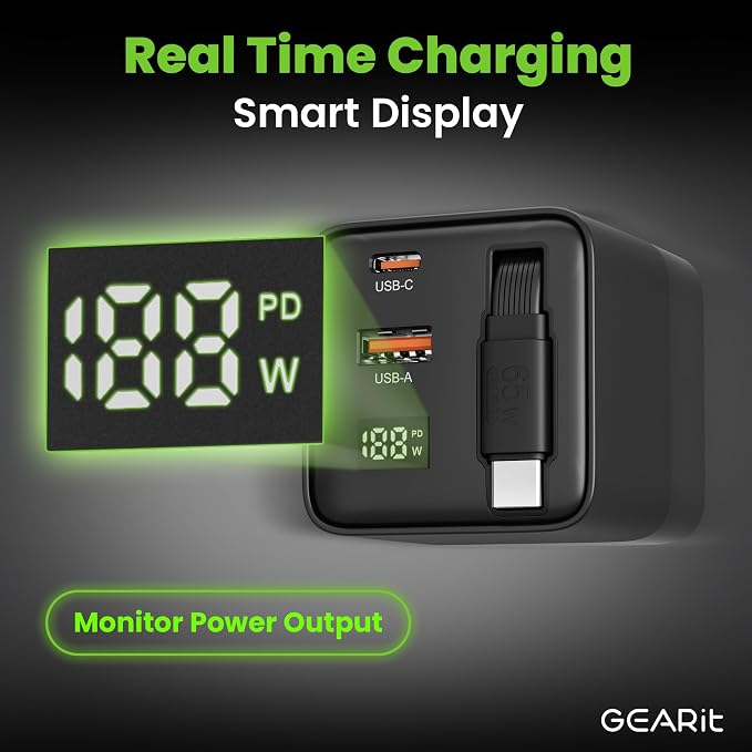 GEARit 65W GaN Charger Retractable USB C Cable + 2 Ports Digital Display | Retractable USB-C wall charger for iPhone Samsung Galaxy Watch earbuds. Foldable plug GaN fast charge wattage display