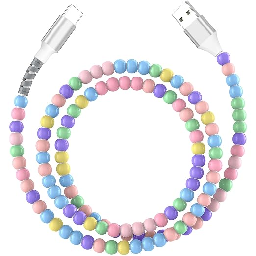 Jelanry 3FT USB-A to USB-C Fast Charging Cable Beaded &ampData Sync Women Girl | Cute kawaii beaded cable for iPhone 17/16/15 Samsung S26/S25/S24 Pixel iPad Fast charge for daily use office &amp tra