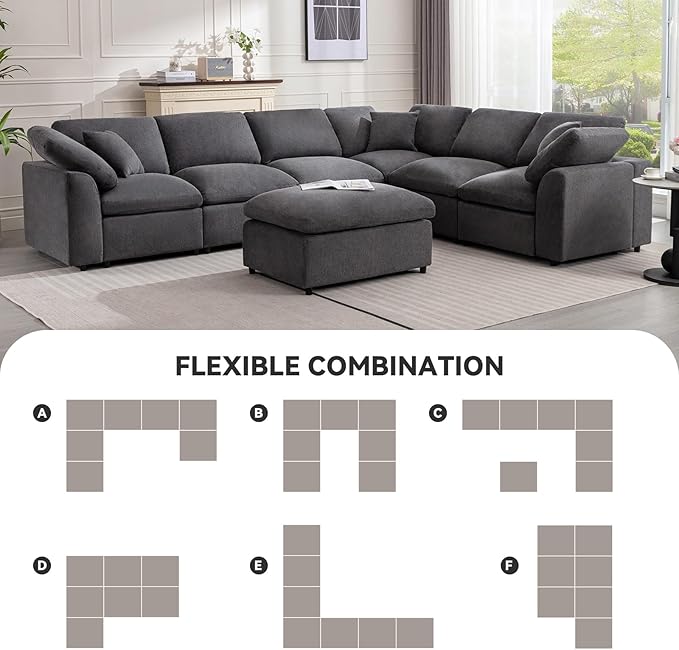 Modular Sectional Sofa Modern Oversized Cloud Couch with Movable Ottoman 7 Seater L-Shaped Sofas Comfy Couches for Living Room Spacious Space Office Lounge, Dark Grey