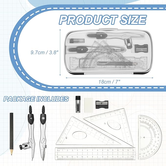 PATIKIL Geometry Precision Tool Set, 11 Pcs Geometry Set Compass Tool with Shatterproof Storage Box Rulers Math Compass Kit for Math Drafting Supplies, Black(Style 1)