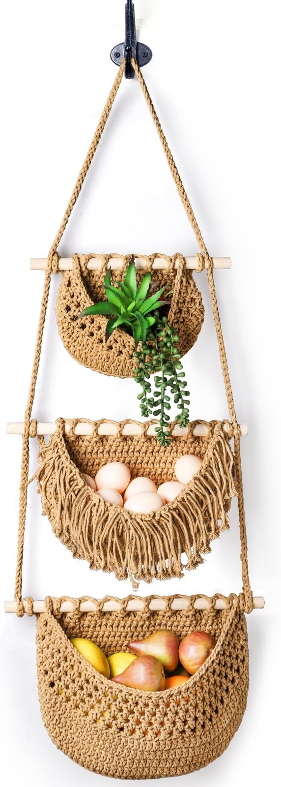 Lawei 3 Tier Hanging Fruit Basket, Wall Hanging Vegetable Fruit Baskets Cotton Woven Storage Baskets for Organizing, BOHO Wall Basket Decor, Over the Door Organizer for Kitchen, Bedroom, Bathroom