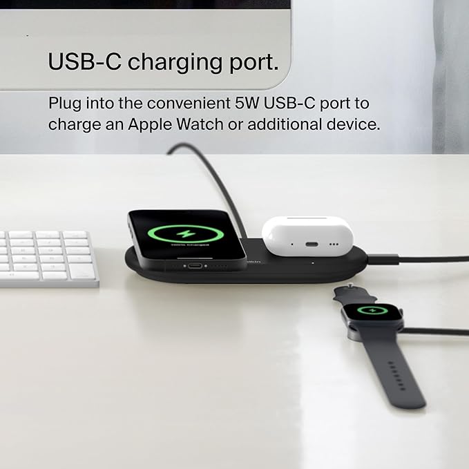 Belkin 2-in-1 Wireless Charging Pad w/ Qi2 15W + Additional USB-C Port - MagSafe-Compatible Charger, Charging Station for iPhone 16 & 15 Series, Samsung Galaxy S25 Series, AirPods, & More - Black