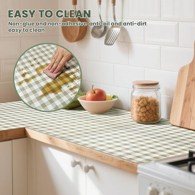 Drawer Liner and Shelf Liner for Kitchen Cabinet Liner Non-Adhesive Non-Slip Shelf Paper, Thick Strong Grip Waterproof Easy to Clean for Shelves, Cupboard, Desks, Green Plaid Pattern, 23.6 in x 40 FT