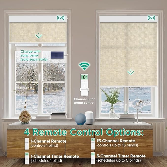 Kilonity Motorized Roller Shades, Light Filtering Remote Control Custom Window Shades Compatible with Alexa Google Assistant via RF Hub, Rechargeable Electric Blinds for Windows (Beige)