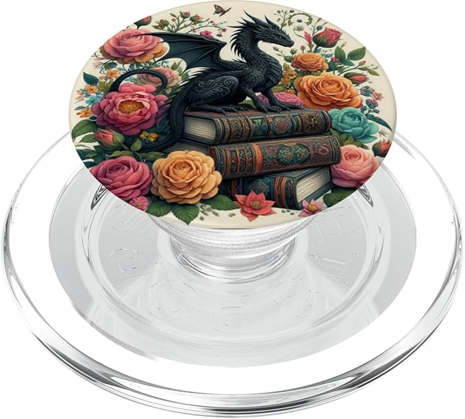 Dragon Librarian Bookish Book Reading Books Flowers PopSockets PopGrip for MagSafe