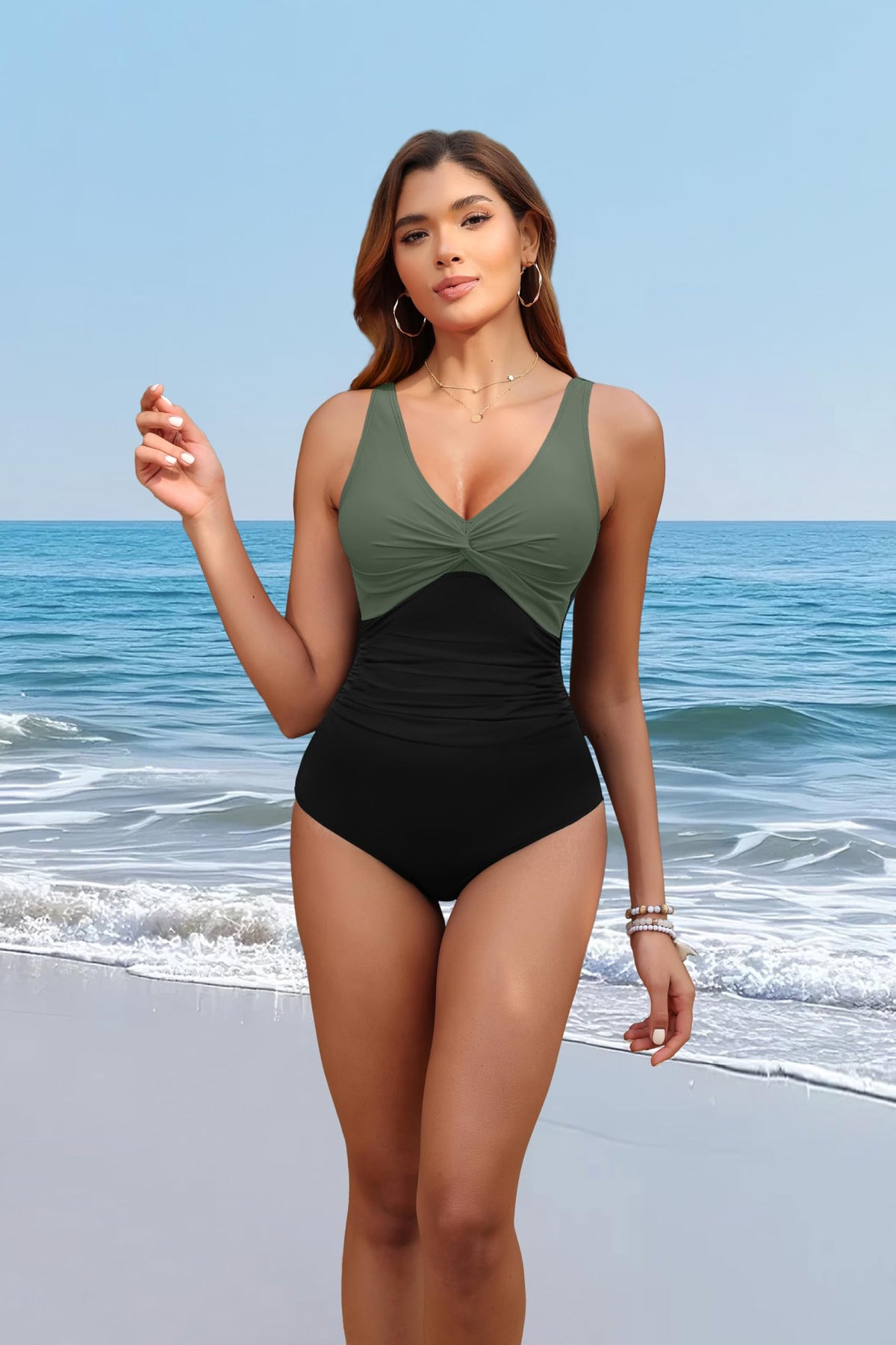 Holipick Green and Black Tummy Control One Piece Swimsuit Full Coverage Bathing Suit L