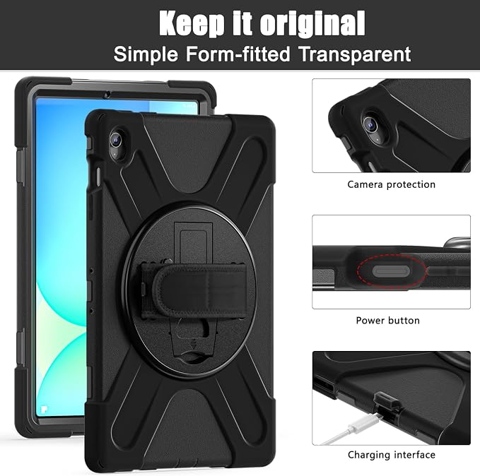 Case for Galaxy Tab S10 FE+ 13.1 2025 with Screen Protector+360 Rotating Hand Strap&ampStand+Shoulder Strap (Black)