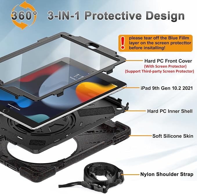 BRAECNstock Shockproof Case for iPad 9th/8th/7th Gen 10.2 Blue | All-in-1 Case Hand Strap &amp Stand Shoulder Straps Pencil Holder Screen Protector – For Office Commute &amp Presentation