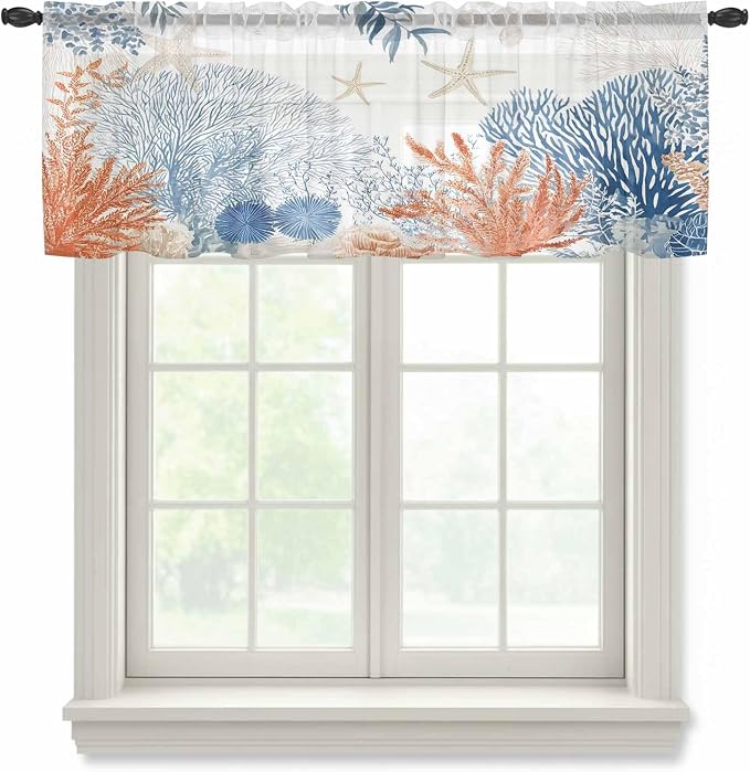 Ocean Corals Sheer Valance Curtains, Summer Beach Coral Sea Stars Light