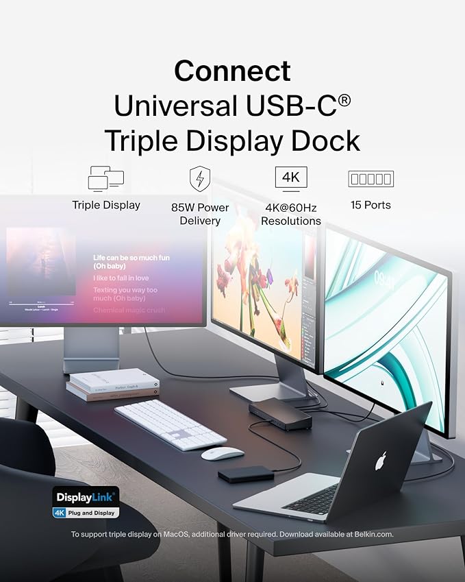 Belkin 15-in-1 Universal Triple Display DisplayLink Docking Station Hub w/ 3 HDMI Ports, 2 DisplayPorts for Triple 4K Display w/ 85W PD, 3.5mm Mic/Speaker, 1 USB-C, & 5 USB-A Ports, Black