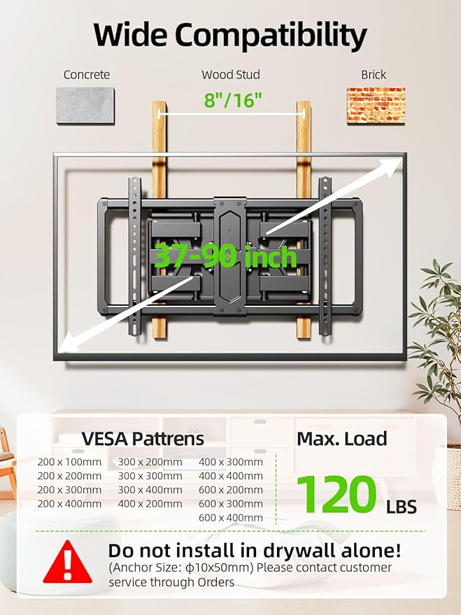 USX MOUNT Ultra Slim TV Wall Mount for Most 37-90 inch Television, Full Motion TV Mount Dual Swivel Articulating Tilt 6 Arms, Up to 120lbs, VESA 600x400mm, Max 16" Wood Studs, XML612-K