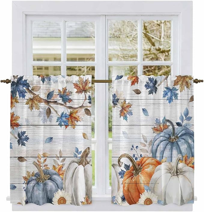 Thanksgiving Pumpkin Kitchen Curtains 54 Inch Long 2 Panel Set, Rod Pocket