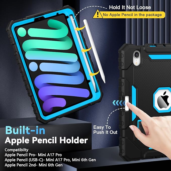 Grifobes Case for iPad Mini 7 (A17 Pro) 2024 / Mini 6 2021 8.3 inch, Heavy Duty Shockproof Rugged Cover with Pencil Holder Stand, for I Pad Mini 7th/6th Gen 8.3" Case for Kids Boys (Black+Blue)