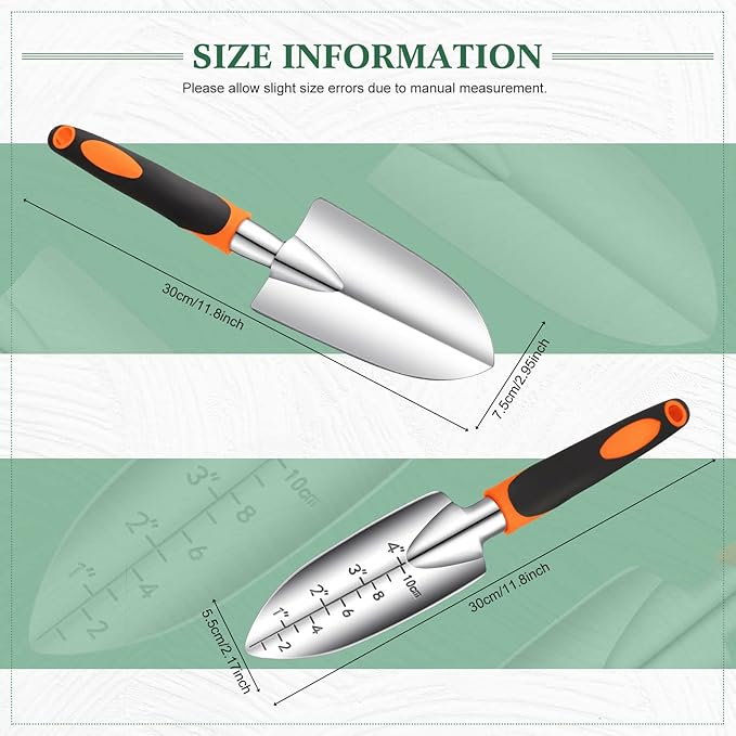 Honoson Garden Hand Trowel Transplant Trowel with Measurements Aluminum Alloy Planting Tools with Rubber Handle Small Gardening Hand Tools Shovels for Gardening Cultivating Transplanting Supplies