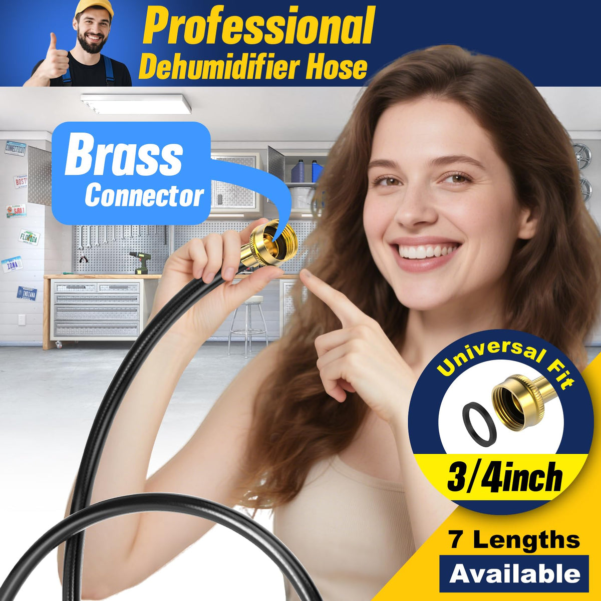 (7 Length Options) Dehumidifier Drain Hose with 3/4 Inch FHT Connector, Featuring Rust-Resistant Brass Fittings for Leak-Proof Connection, Perfectly Compatible with Most Dehumidifier Brands