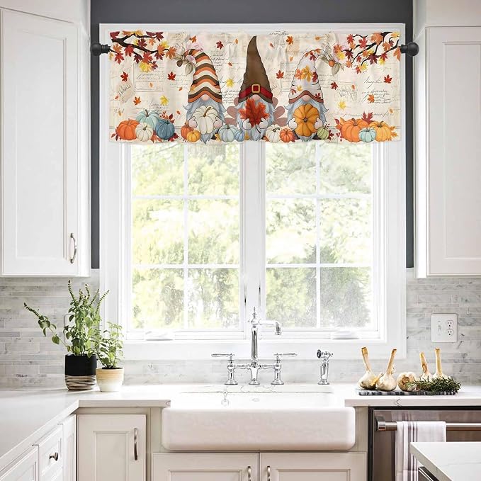 Fall Gnomes Kitchen Curtain Set, Thanksgiving Maple Leaf Rustic Pumpkin Window
