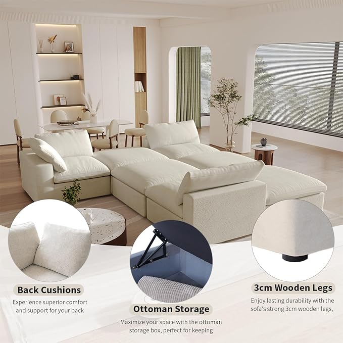 Cloud Couch Modular Sectional Sofa,160.6" Down Filled Couch with Storage Ottoman,4 Seater +1 Ottoman, Convertible Sectional Sofa for Living Room,Covers Removable & Washable, Khaki