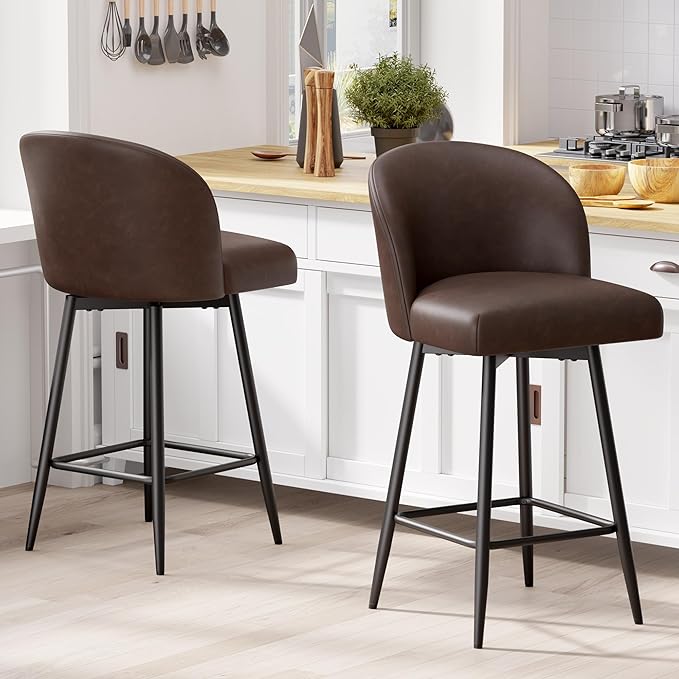 Counter Height Bar Stools Set of 4,360° Swivel Barstools with High Back and Metal Legs,26" Seat Height, Upholstered PU Leather Bar Chairs for Kitchen Island, Dining Room,Cafes,Black Brown