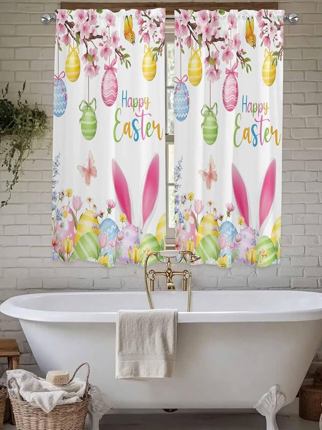Happy Easter Living Room Curtains 72 Inches length, Spring Watercolor Bunny