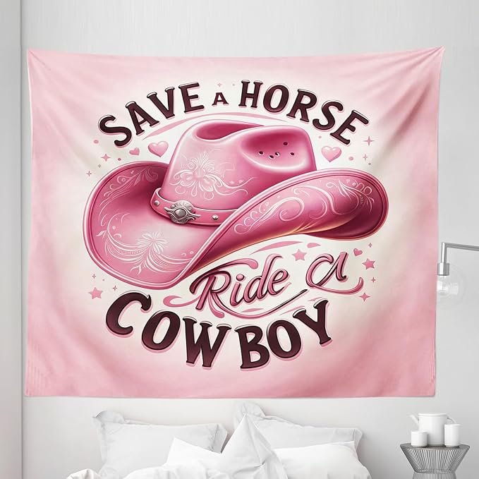 Ambesonne Funny Tapestry King Size, Humorous Feminine Design with Hat and Save a Horse Ride a Cowboy Lettering, Wall Hanging Bedspread Bed Cover Wall Decor, 104" X 88", Pink and Seal Brown