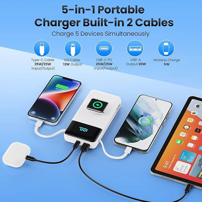 Portable Charger 40800mAh for iPhone with 2 Built-in Cable and iWatch Charger, 5-in-1 25W PD Fast Charging USB C Power Bank,QC4.0 LED Display Battery Pack for iPhone 16/15/14/13/12,Android,Apple Watch