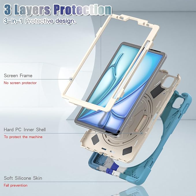 Batianda VortiGrip Case for iPad Air 11 M2/M3/M4 2024-2026 Colorful Blue | Heavy Duty Triple-Layer Rugged Case with 360° Rotating Hand Strap Foldable Hidden Stand Shoulder Strap and Pencil Holder