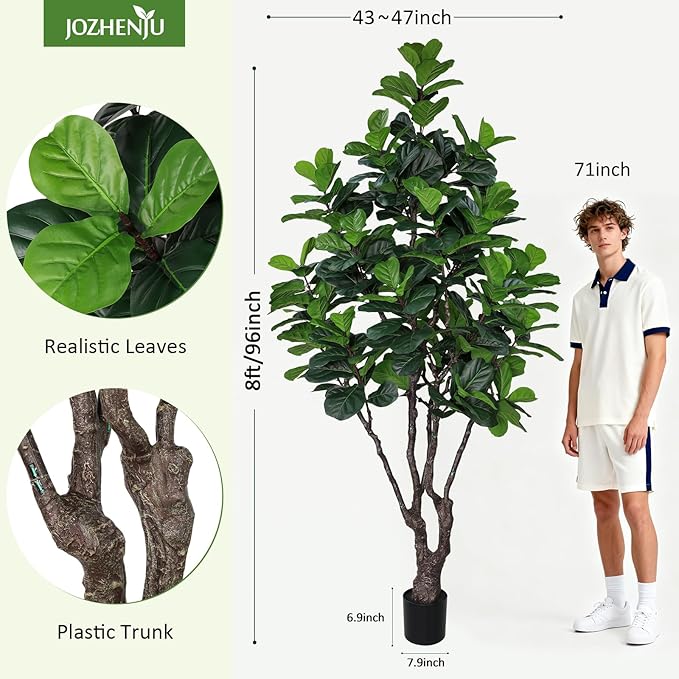 8FT Faux Fiddle Leaf Fig Tree, Large Artificial Plants Indoor Ficus Lyrata Trees, Realistic Fake Tree in Pot Floor Plant for Home Decor Office Christmas Housewarming Gift