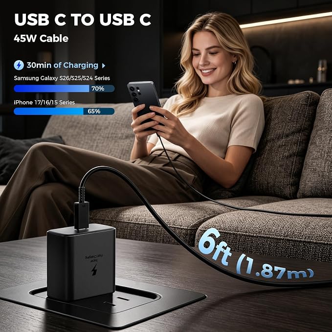 45W USB C Fast Charger 2-PackType C Fast Charging Block with 6Ft Cable | for Samsung Galaxy S26 Ultra/S26/S26+/S25 Ultra/S24/S23/S22/S21/Note 10/iPhone 17/16/15 and More