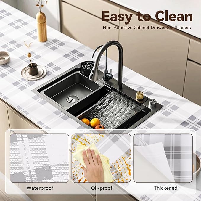 Drawer Shelf Liner for Kitchen Cabinets, Non Adhesive Slip Resistant Shelf Paper Easy to Clean, Strong Grip Thickened Waterproof Washable Mats for Pantry Shelves Cupboard Dresser (Grey, 17.5in x 30FT)