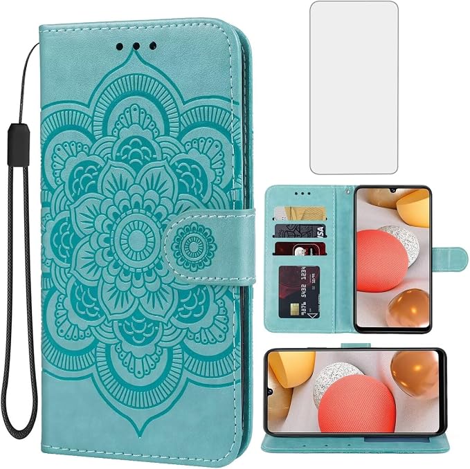 Case for Galaxy A42 5G Case Galaxy M42 5G SM-A426 Wallet Case with Tempered Glass Screen Protector Leather Flip Credit Card Holder Stand Phone Cover Cases for Samsung Galaxy A42 5G Blue