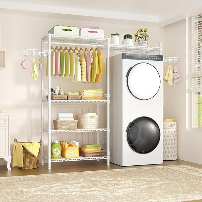 Ulif U5 Over the Washer and Dryer Storage Shelf, Laundry Room Space Saver Bathroom Storage and Organizer Rack for Hanging Towels and Drying Clothes with 5 Wire Shelves, 58.2"W x 13.4"D x 77.5"H, White