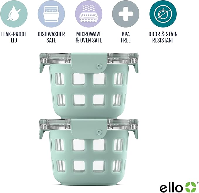 Ello Duraglass 2-Pack 2 Cup Reusable Glass Container Jar with Leak Proof Lids and Protective Silicone Sleeves | Perfect for Overnight Oats, Snacks, Yogurt | BPA-Free | Dishwasher Safe | Yucca