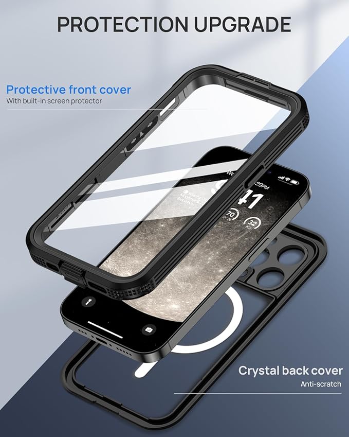 Lanhiem Magnetic for iPhone 15 Pro Max Case, IP68 Waterproof Dustproof Case, [Compatible with Magsafe] [Built-in Screen Protector] Full Body Heavy Duty Rugged Phone Cover 6.7 inch, Black/Clear